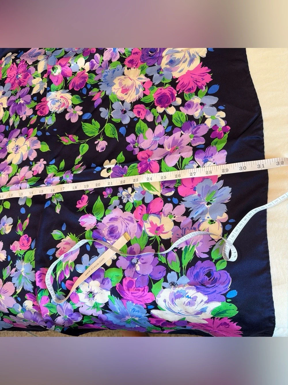 Oscar de la Renta Navy Floral Silk Scarf - Purple & Pink Blooms